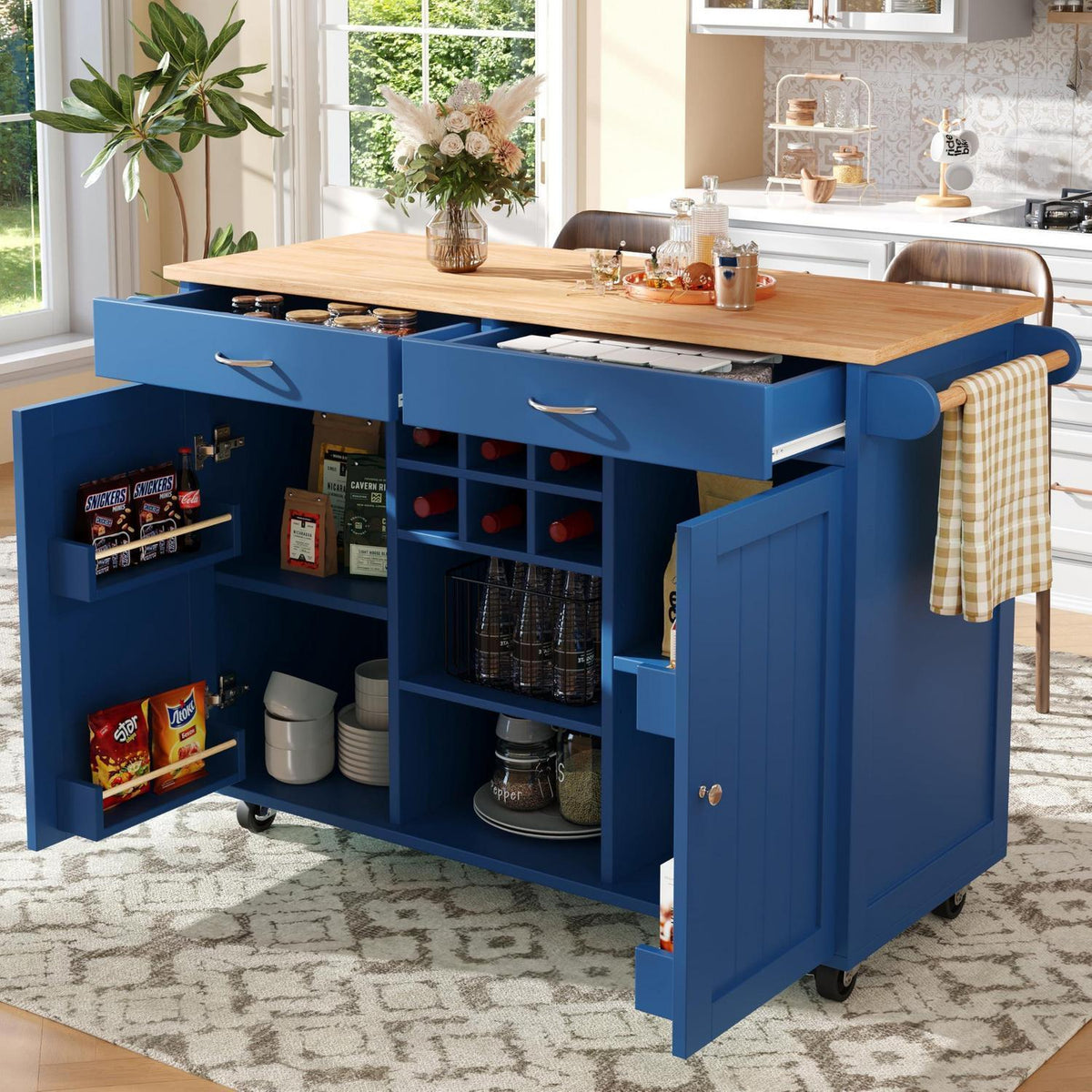 Klappbarer Küchenwagen mit Weinregal & Ablagen (Blau)