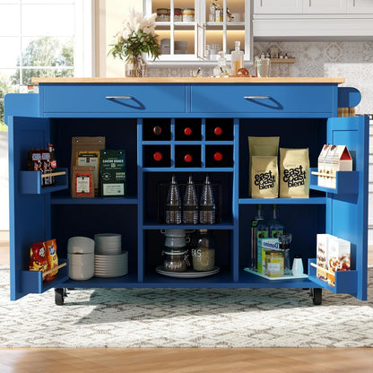 Klappbarer Küchenwagen mit Weinregal & Ablagen (Blau)
