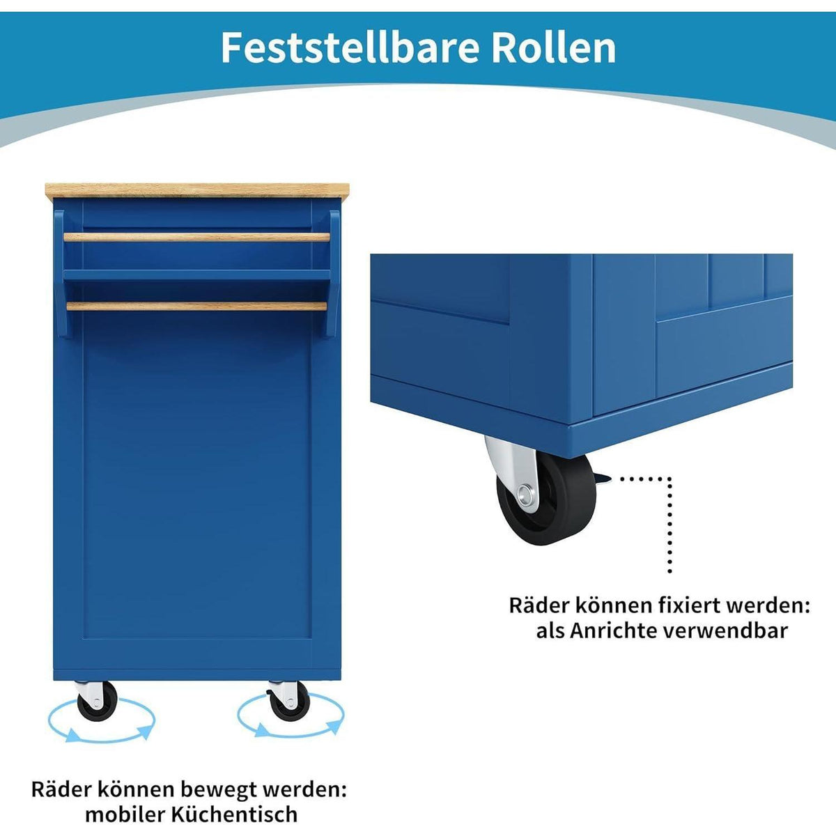 Klappbarer Küchenwagen mit Weinregal & Ablagen (Blau)