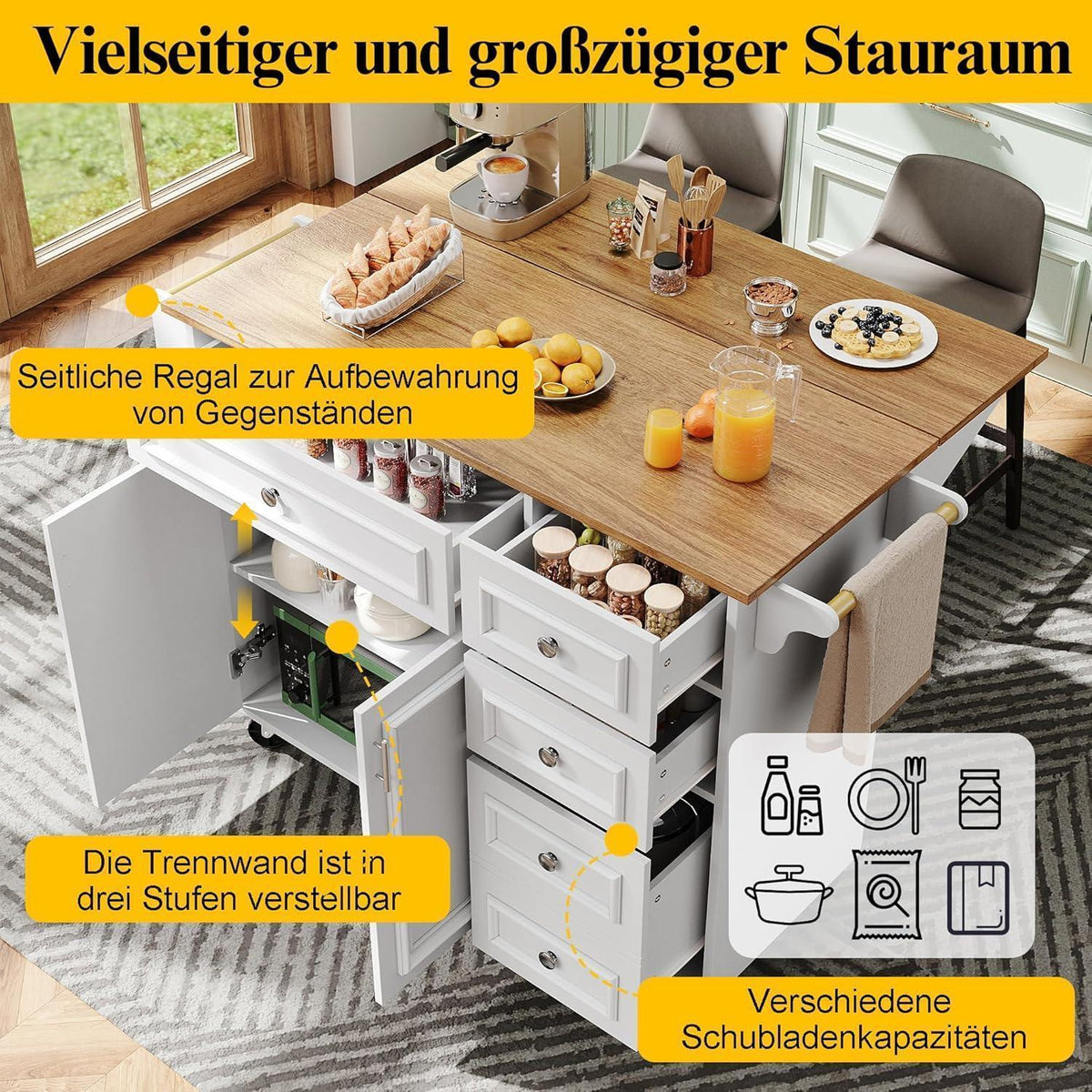Klappbarer Küchenwagen mit Schubladen & Ablageflächen (Weiß)