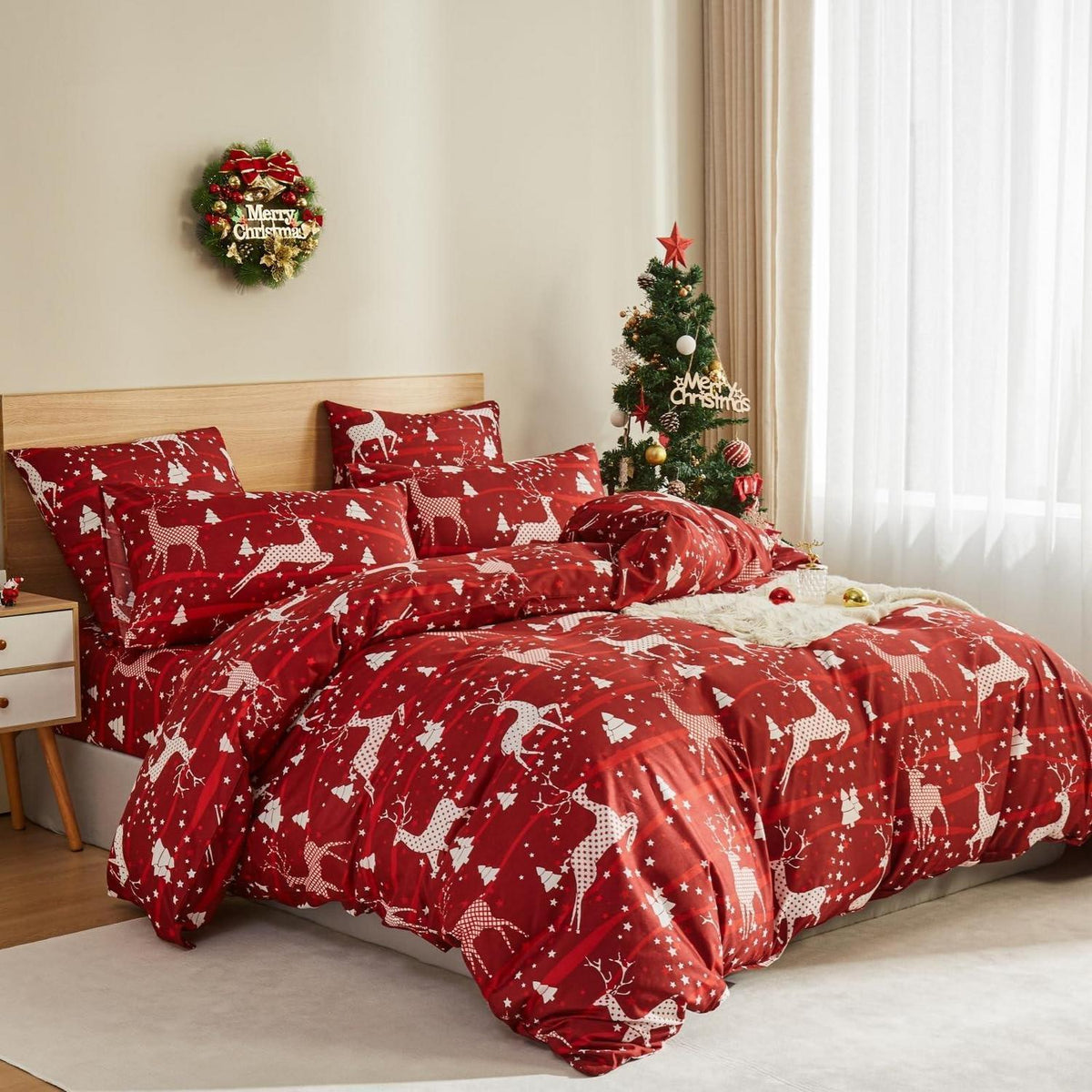 Weihnachts Bettwäsche Set 200x220 cm Rot Elch Muster Mikrofaser