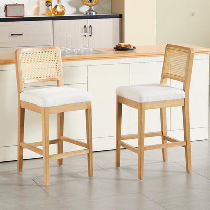 Barhocker 2er Set mit Rattan Rückenlehne, Weiß