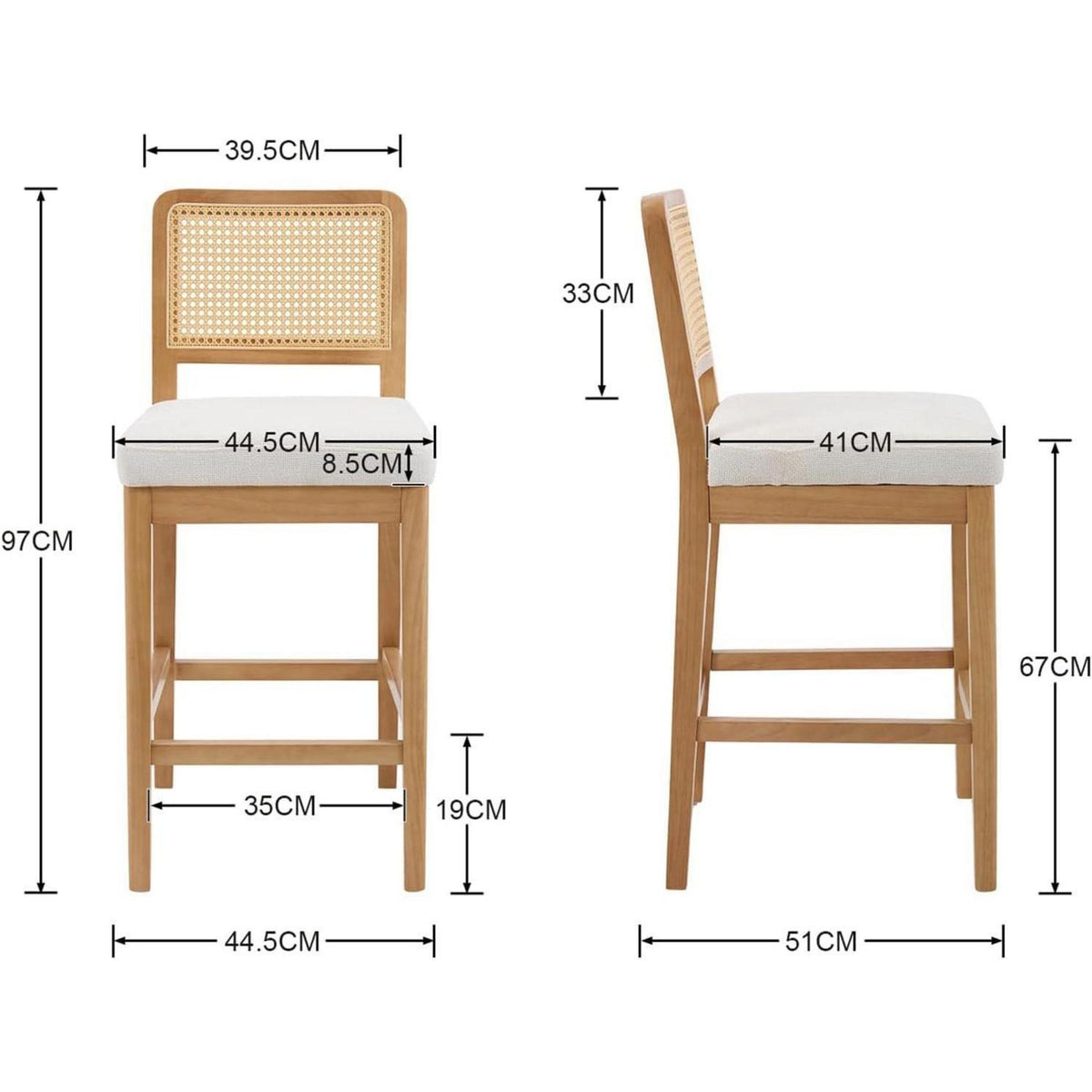 Barhocker 2er Set mit Rattan Rückenlehne, Weiß