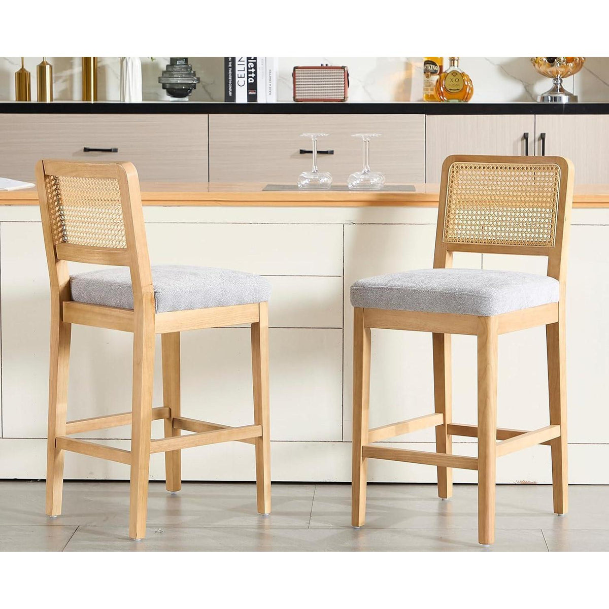 Barhocker 2er Set mit Rattan Rückenlehne, Grau