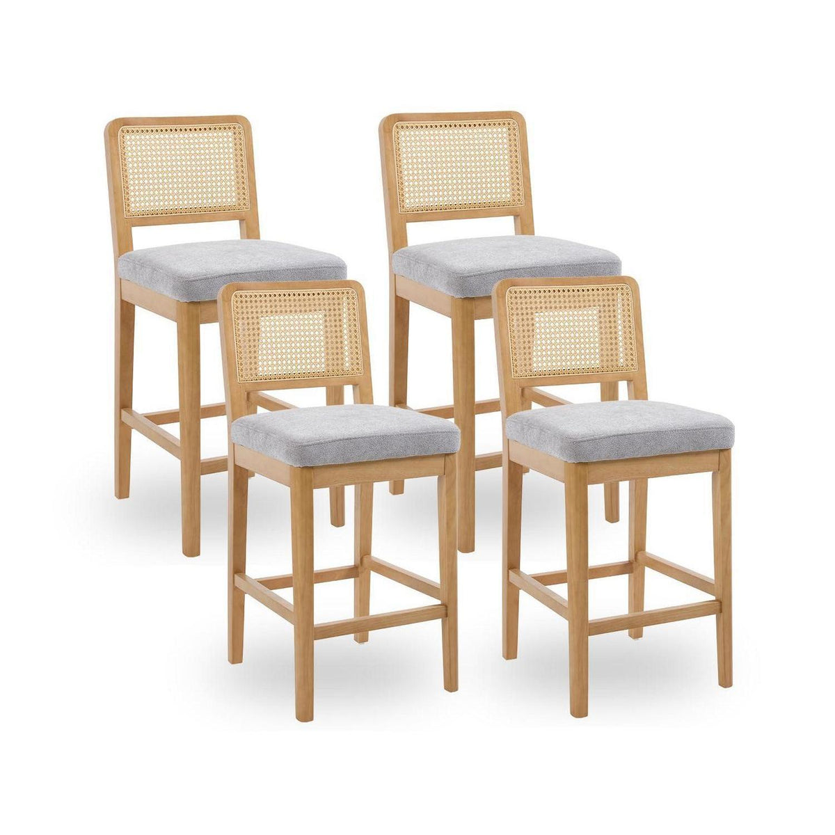 Barhocker Set 4 Grau – Rattan Rückenlehne & Massivholz
