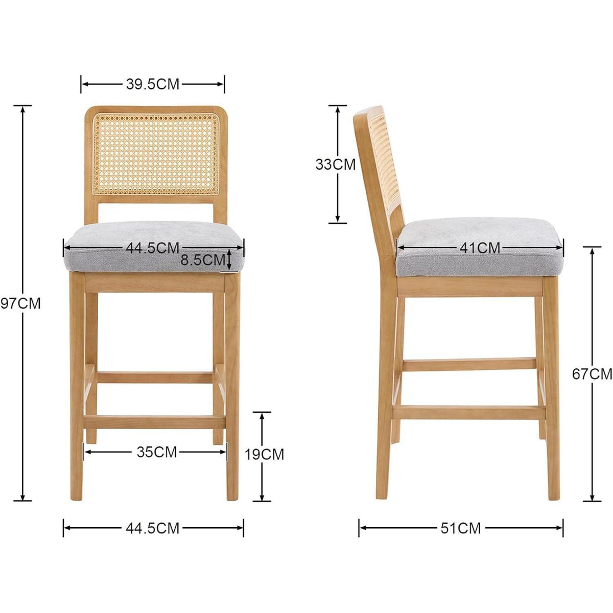 Barhocker Set 4 Grau – Rattan Rückenlehne & Massivholz