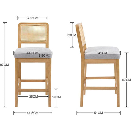 Barhocker Set 4 Grau – Rattan Rückenlehne & Massivholz