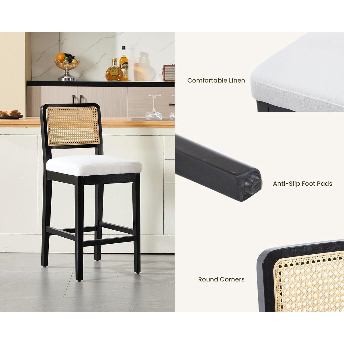 Barhocker 2er Set mit Rattan Rückenlehne, Beige