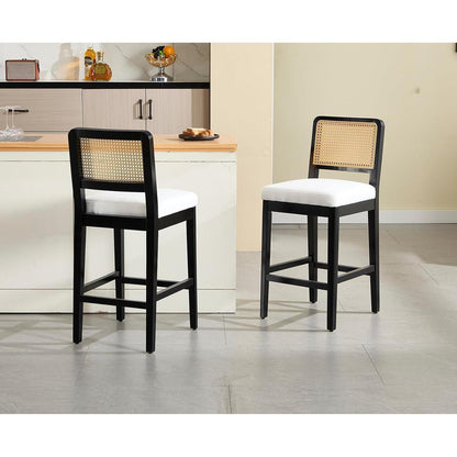 Barhocker 2er Set mit Rattan Rückenlehne, Beige