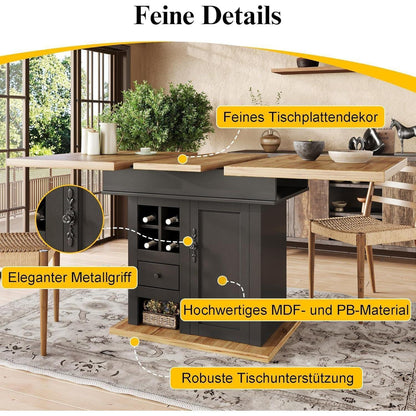 Ausziehbarer Esstisch Holz Schwarz mit Weinregal & Schubladen