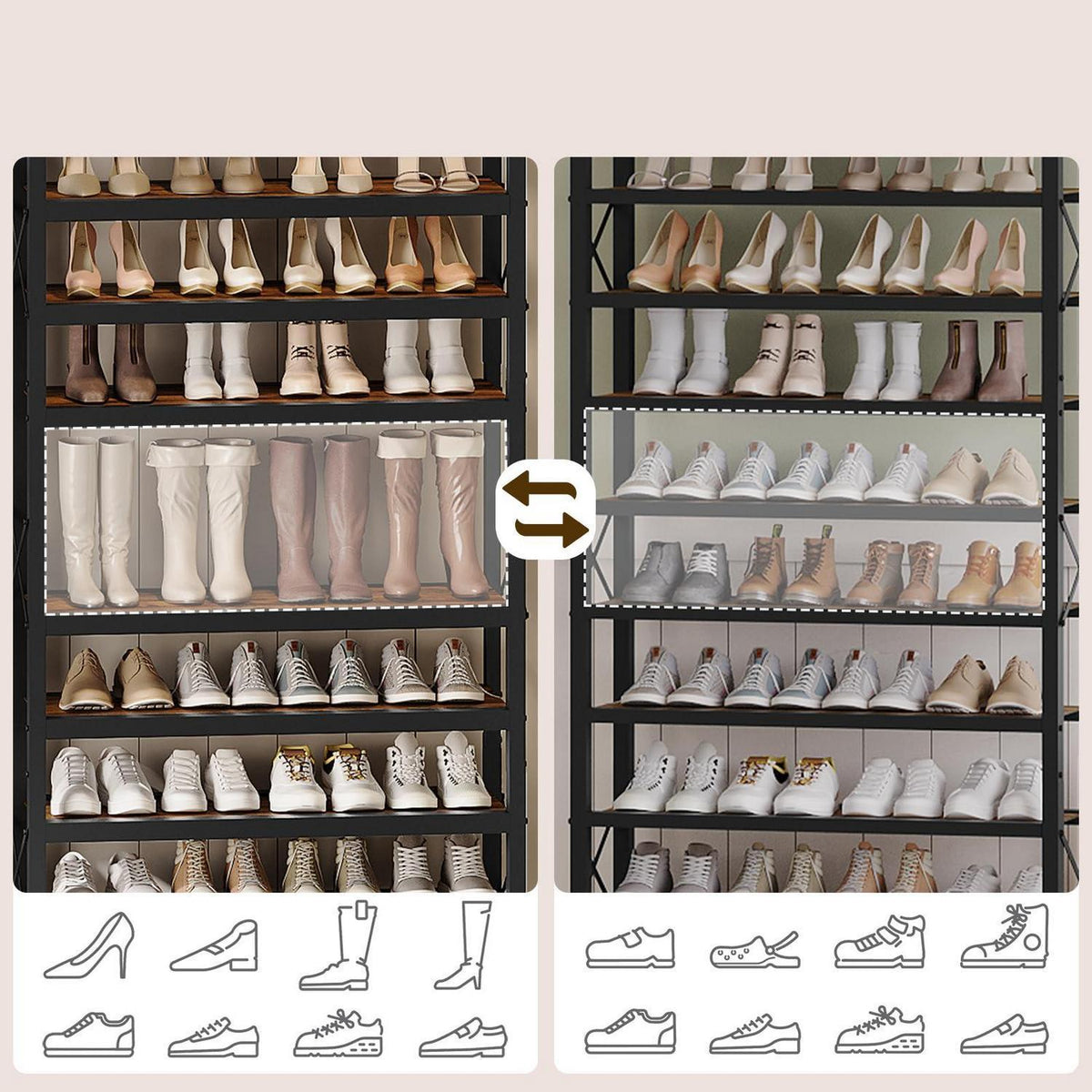 10-stufiges Schuhregal Vintagebraun & Schwarz – 30-40 Paar