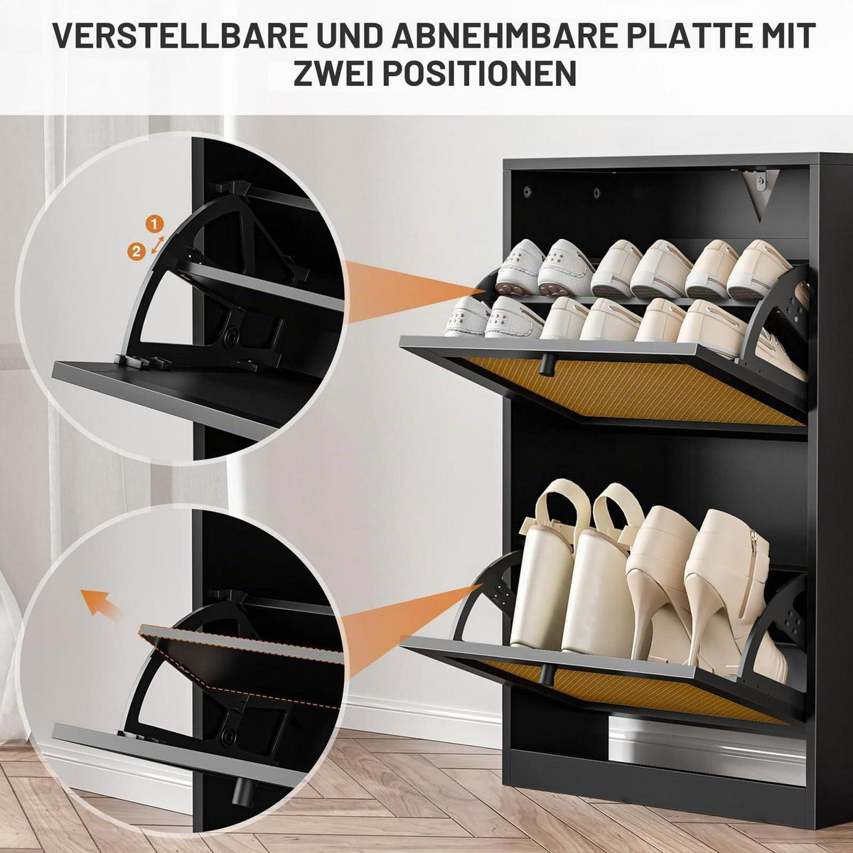 Schuhschrank mit 2 Klappschubladen – Platzsparender Schuhkipper Schwarz