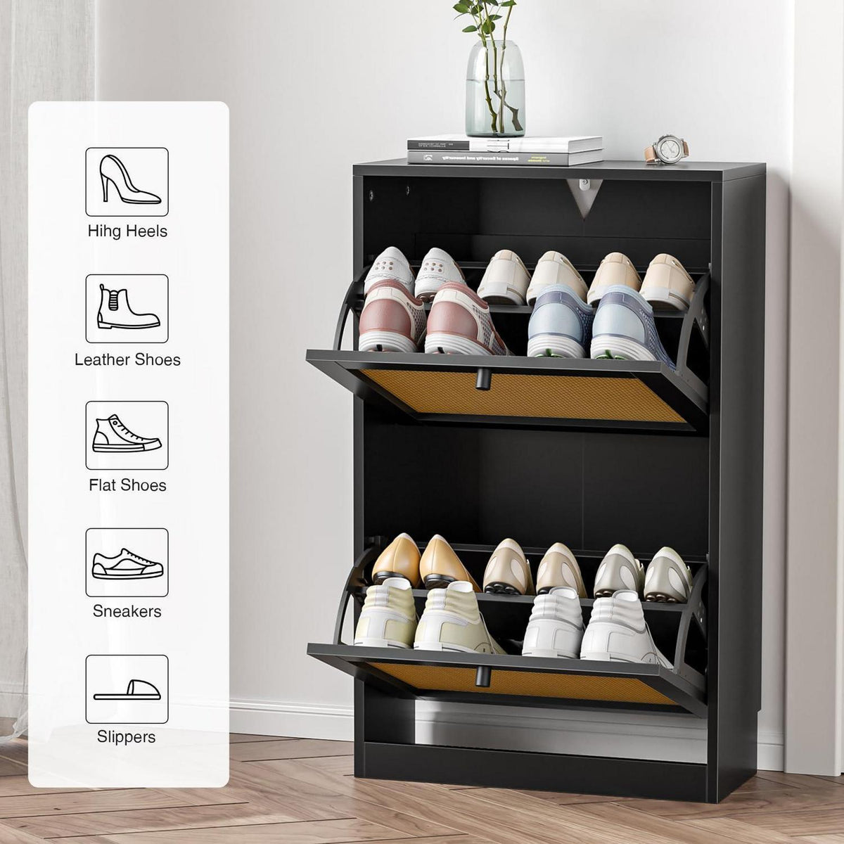 Schuhschrank mit 2 Klappschubladen – Platzsparender Schuhkipper Schwarz