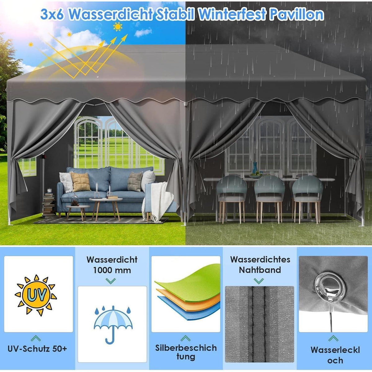 3x6m Pavillon Wasserdicht, Stabil & Mit 6 Seitenteilen