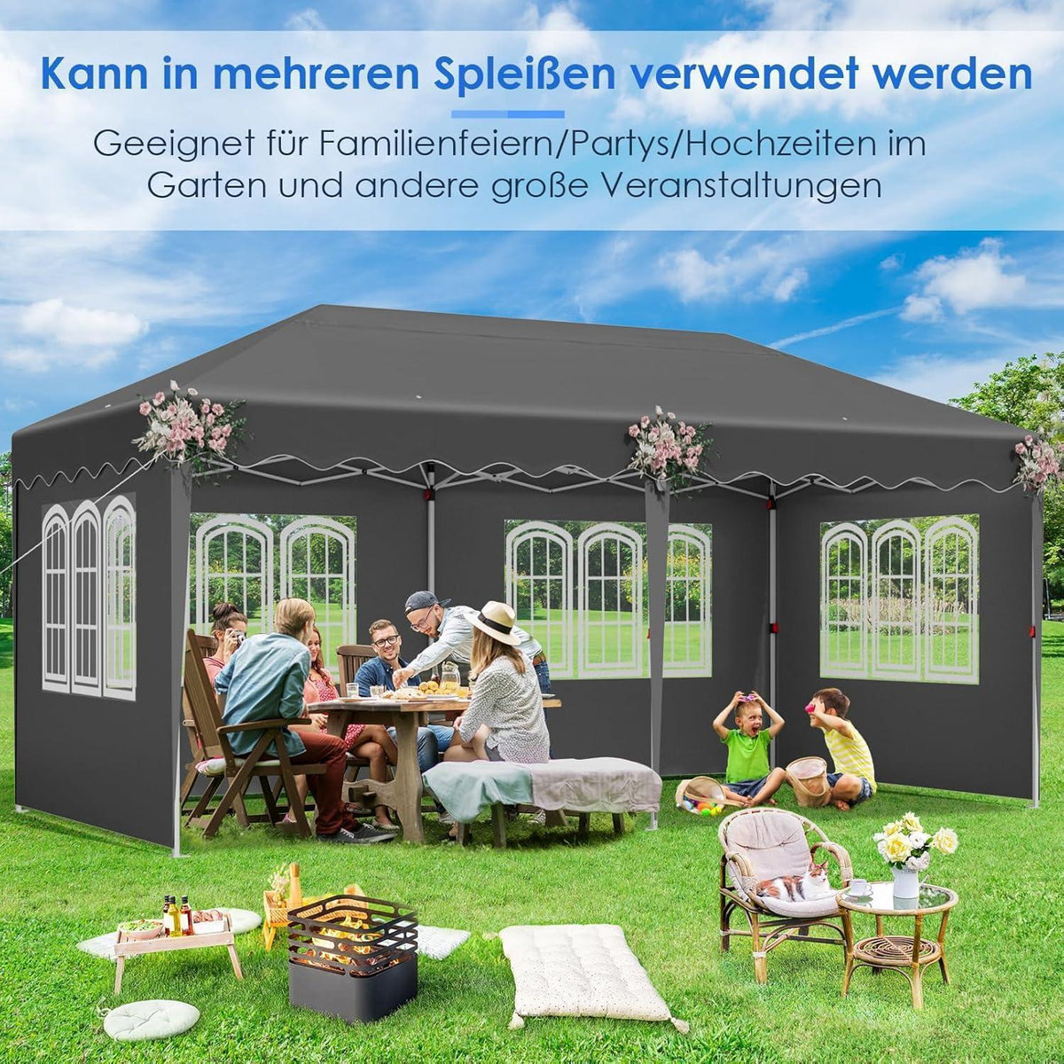 3x6m Pavillon Wasserdicht, Stabil & Mit 6 Seitenteilen