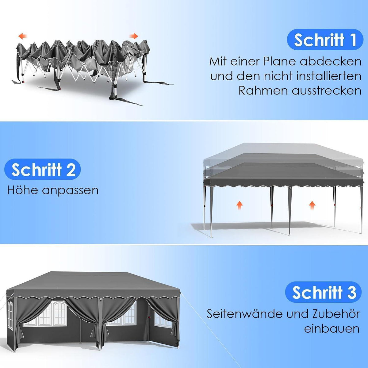 3x6m Pavillon Wasserdicht, Stabil & Mit 6 Seitenteilen