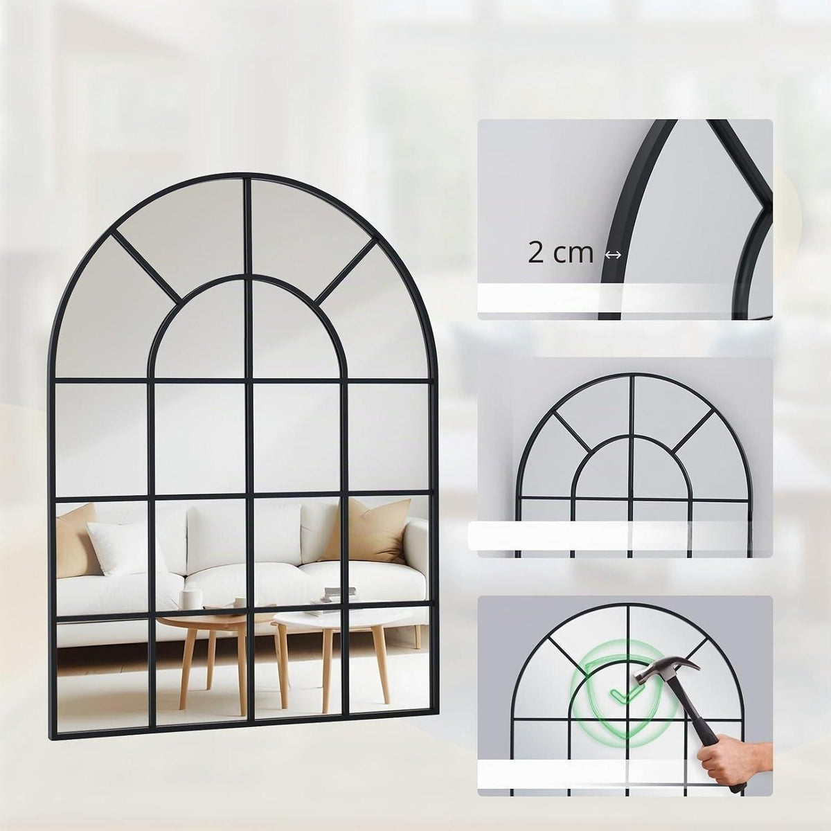 Gewölbter Fensterspiegel 75x120cm mit schwarzem Aluminiumrahmen