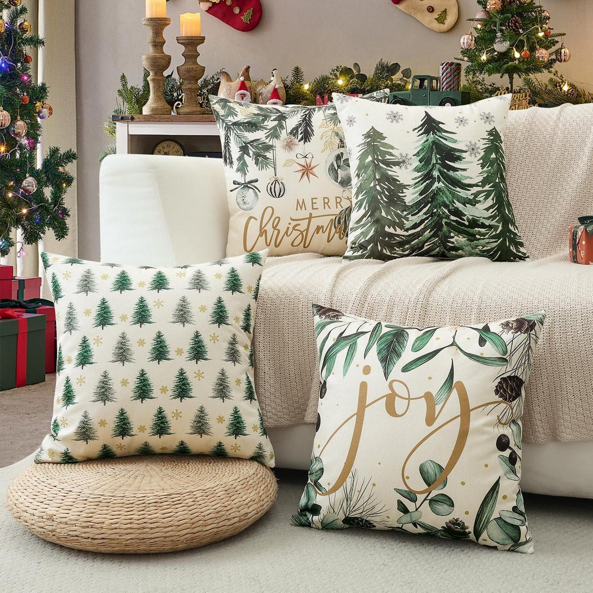 Weihnachtskissenbezüge 4er Set – 40x40 cm, Baum & Kugel