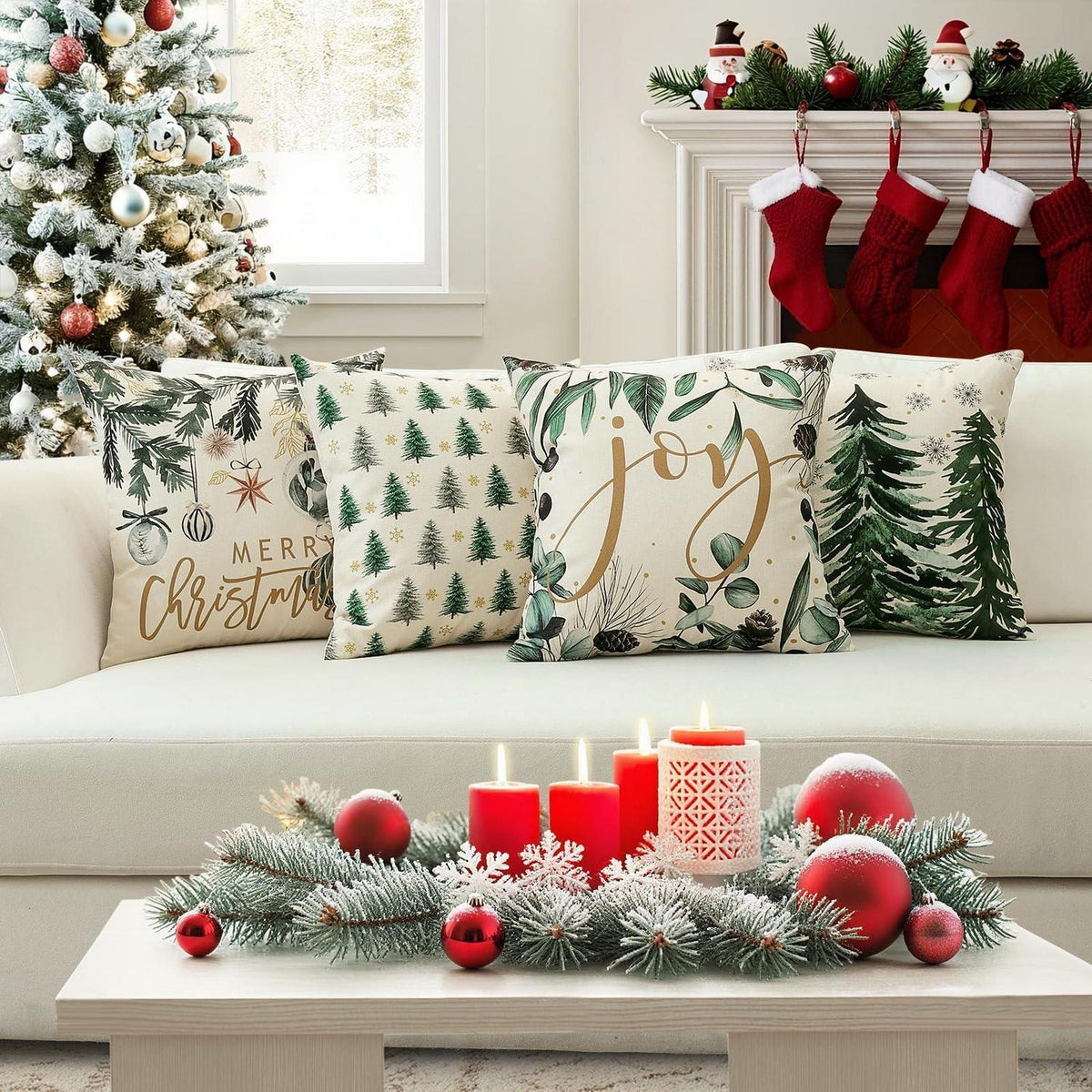 Weihnachtskissenbezüge 4er Set – 40x40 cm, Baum & Kugel