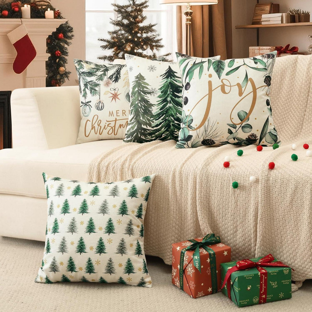 Weihnachtskissenbezüge 4er Set – 40x40 cm, Baum & Kugel