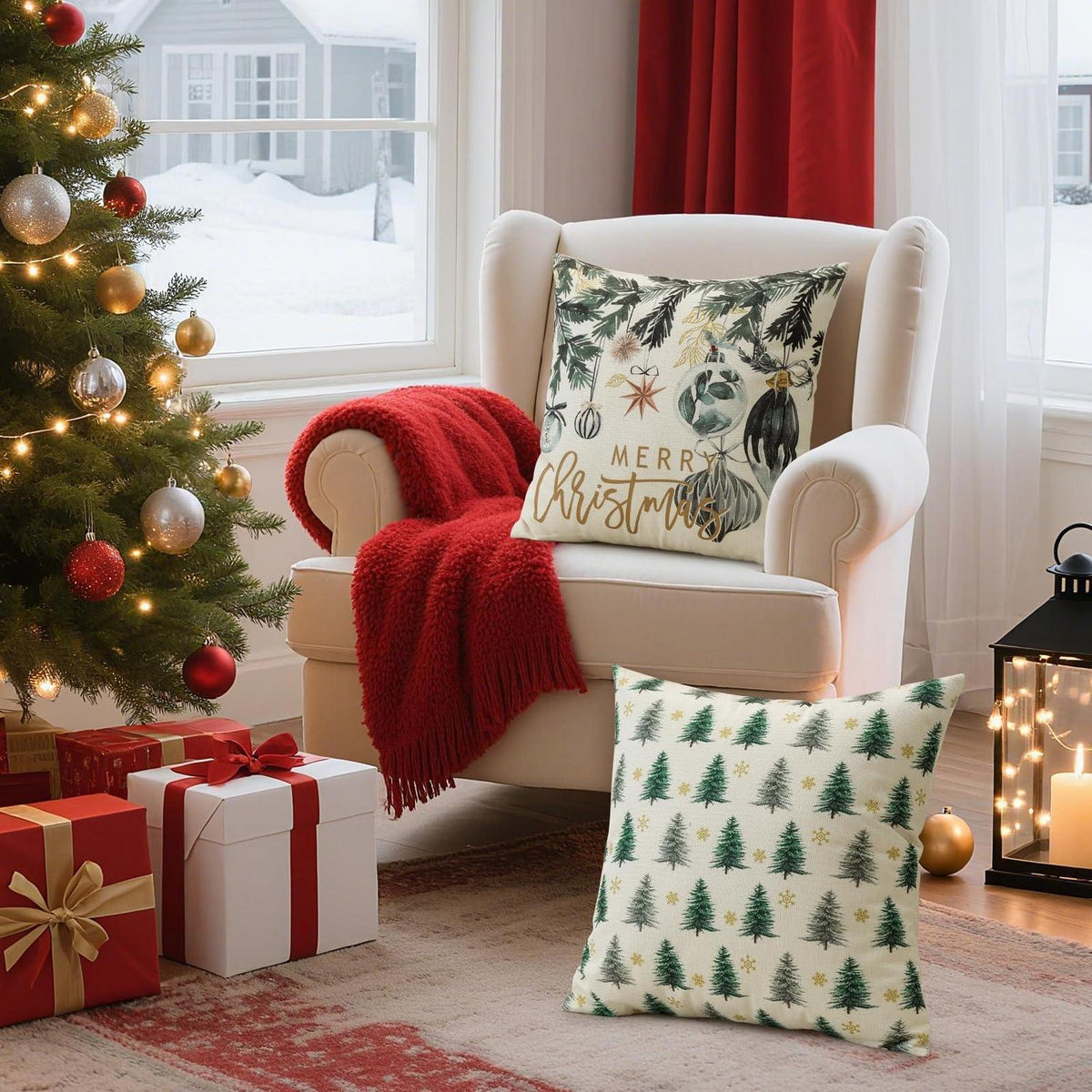 Weihnachtskissenbezüge 4er Set – 40x40 cm, Baum & Kugel
