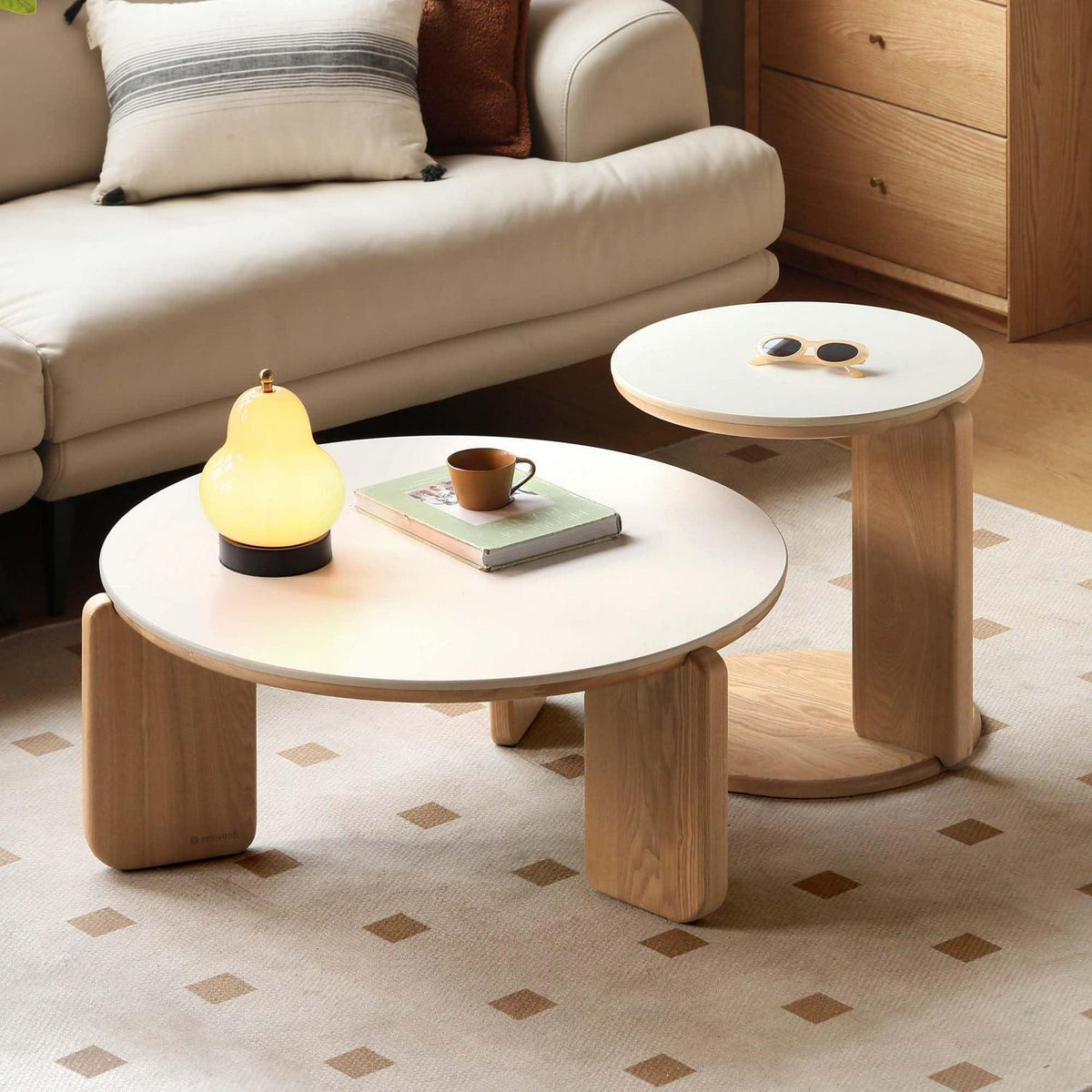 YESWOOD Satztische 2er Set Eiche & Keramik Ø80/45 cm