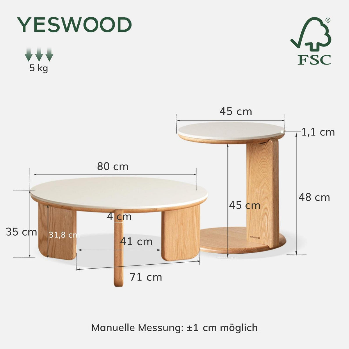 YESWOOD Satztische 2er Set Eiche & Keramik Ø80/45 cm