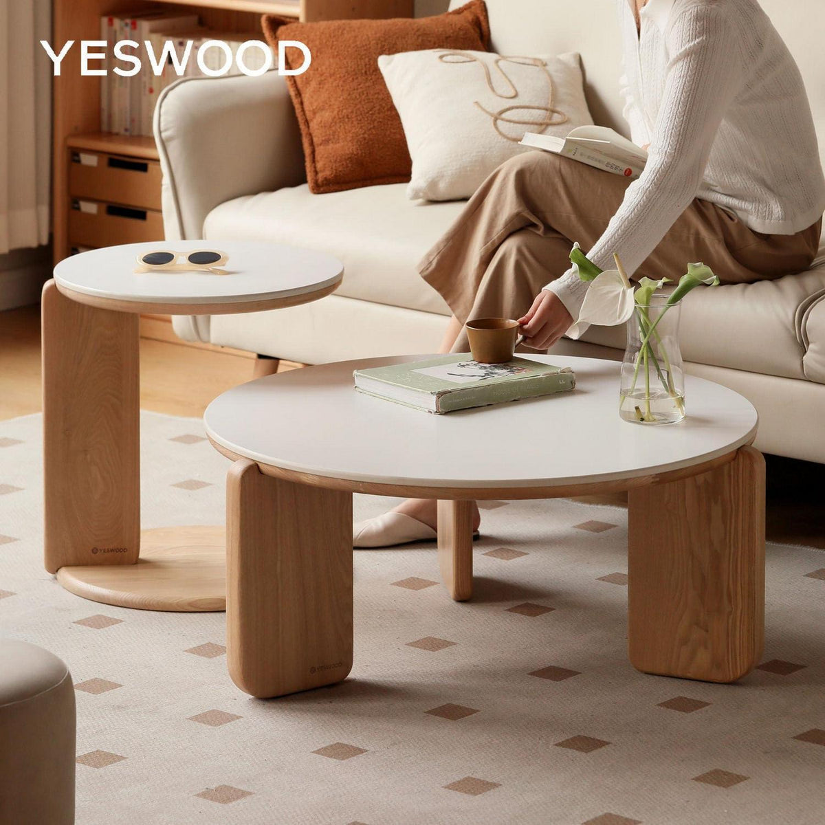 YESWOOD Satztische 2er Set Eiche & Keramik Ø80/45 cm