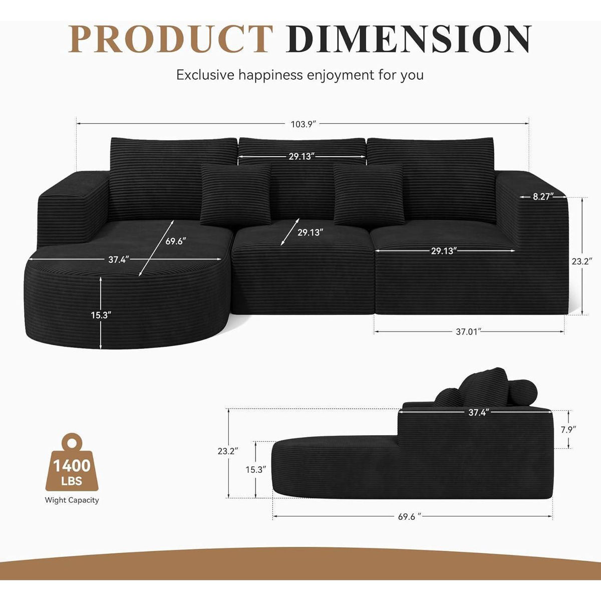 Ecksofa mit Schlaffunktion, Cordstoff, L-Form, Schwarz