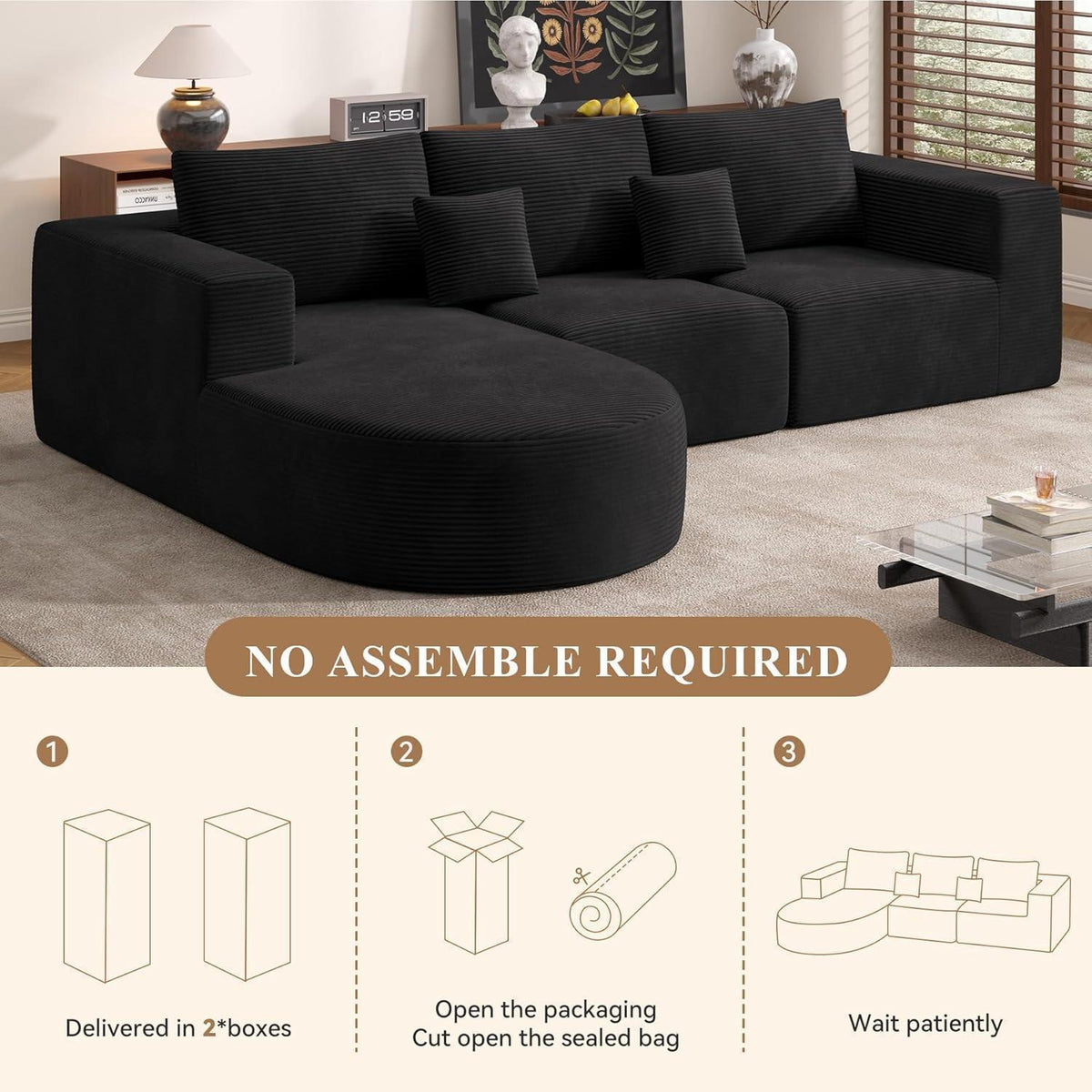 Ecksofa mit Schlaffunktion, Cordstoff, L-Form, Schwarz
