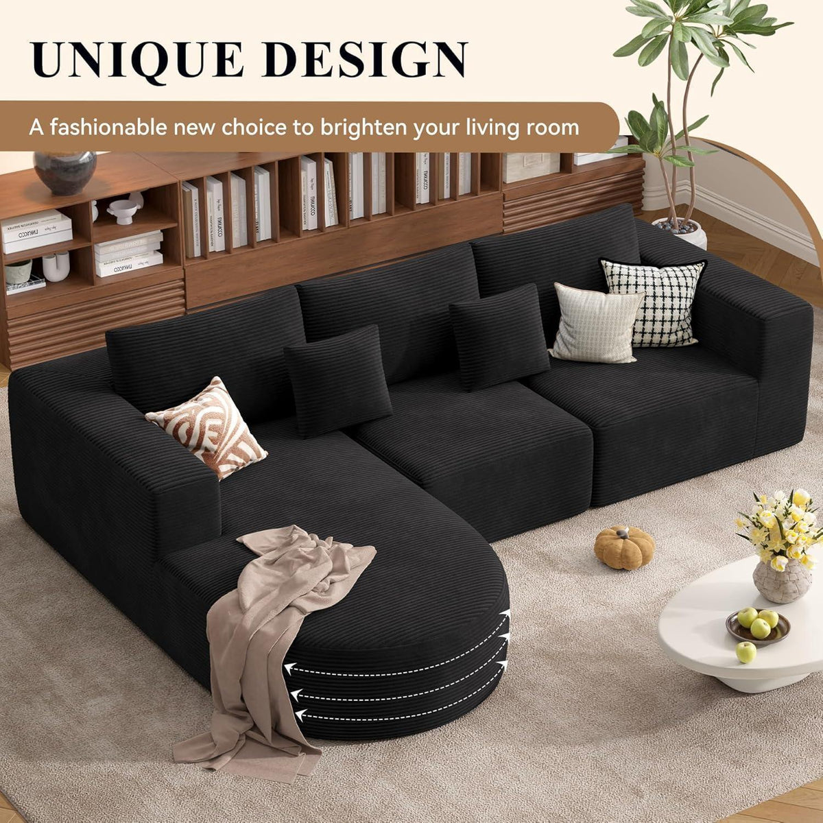 Ecksofa mit Schlaffunktion, Cordstoff, L-Form, Schwarz