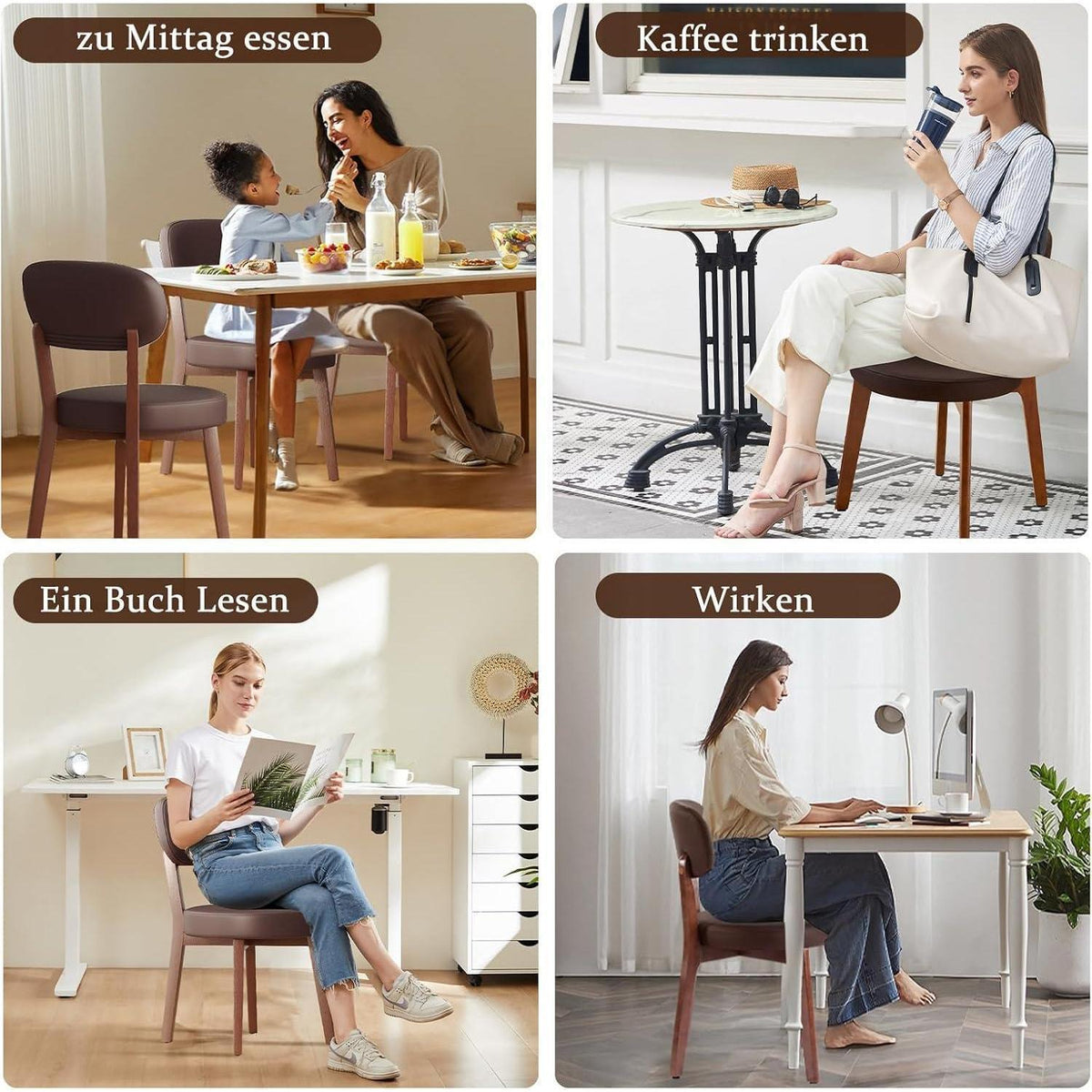 Esszimmerstühle 4er Set, Massivholz, Braun in Lederoptik