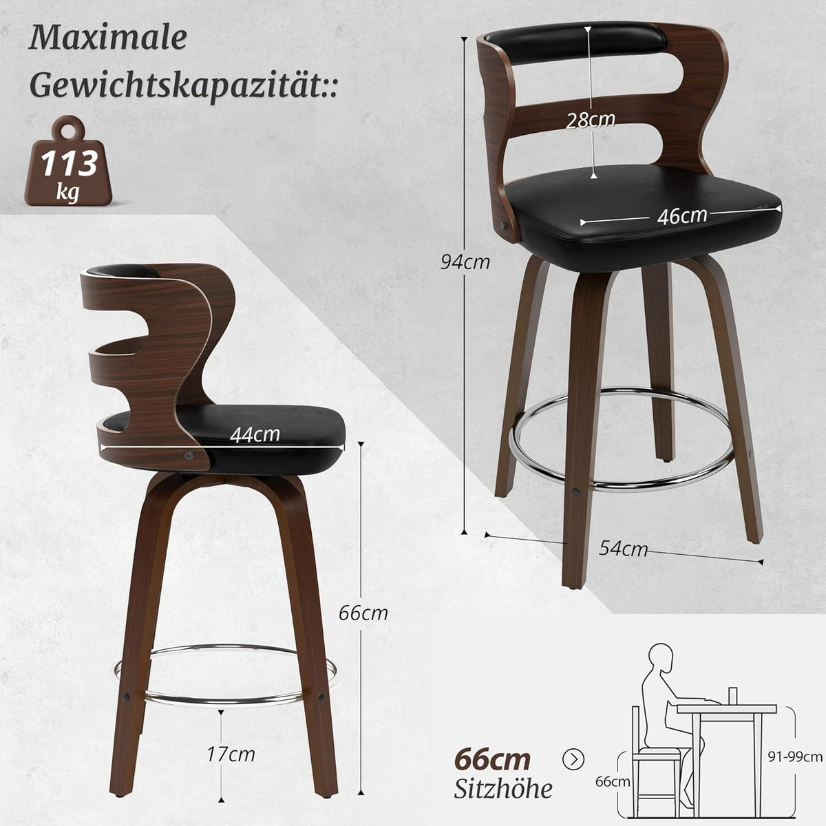 Drehbarer Barhocker Set Schwarz & Walnuss – 66cm Thekenhöhe