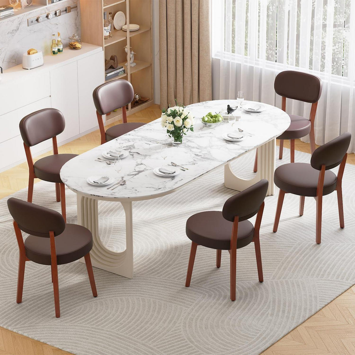 Esszimmerstühle 6er Set, Massivholz Braun in Lederoptik