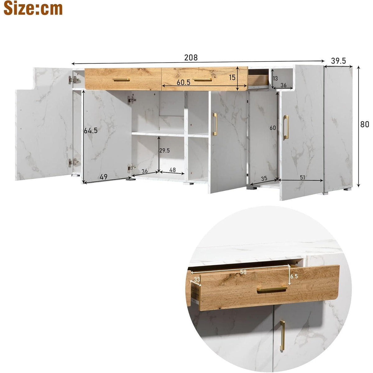 Weißes Sideboard mit Marmoroptik & Eichenholz Schubladen