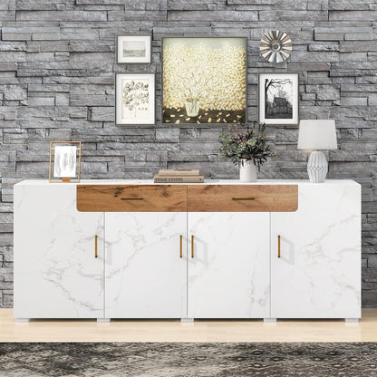 Weißes Sideboard mit Marmoroptik & Eichenholz Schubladen