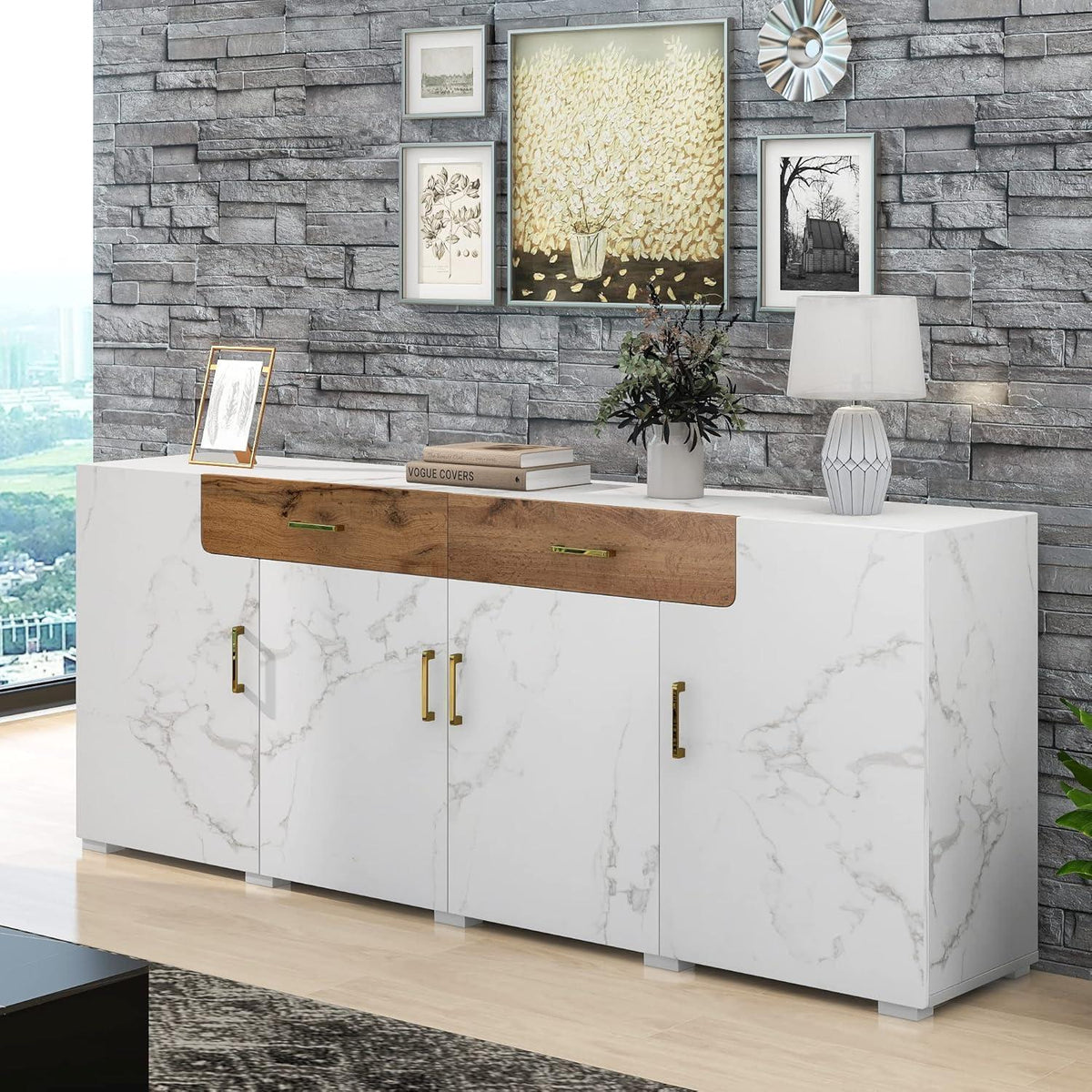 Weißes Sideboard mit Marmoroptik & Eichenholz Schubladen