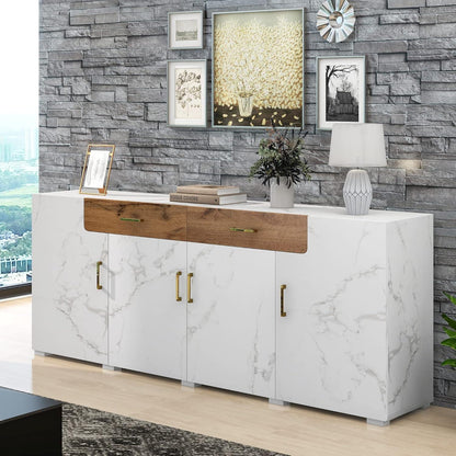 Weißes Sideboard mit Marmoroptik & Eichenholz Schubladen