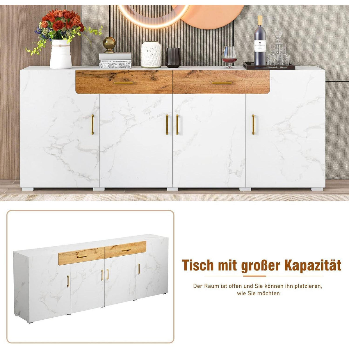 Weißes Sideboard mit Marmoroptik & Eichenholz Schubladen