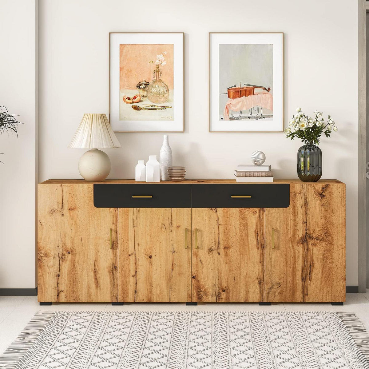 Breites Sideboard mit Marmoroptik & Eichenholz Schubladen
