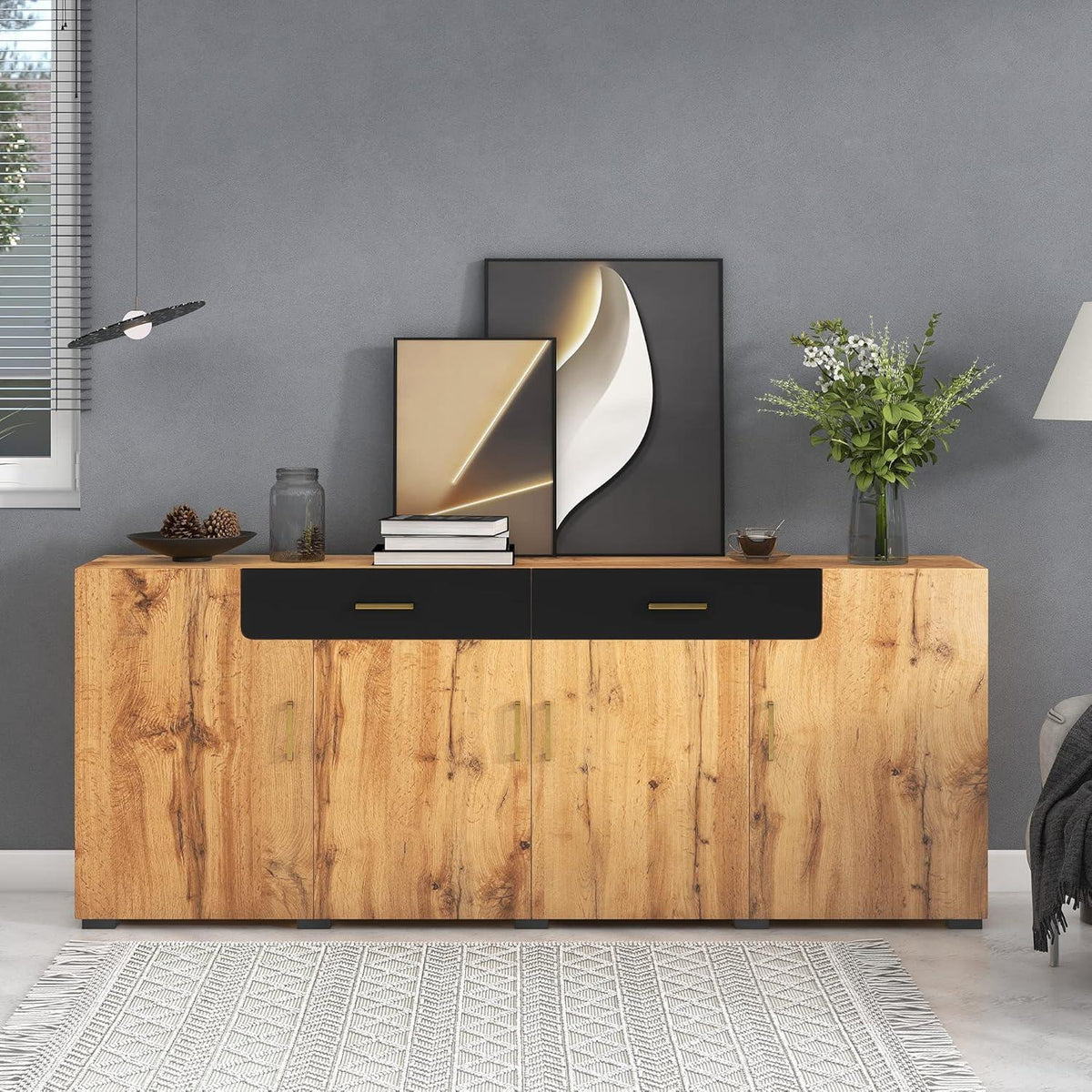 Breites Sideboard mit Marmoroptik & Eichenholz Schubladen