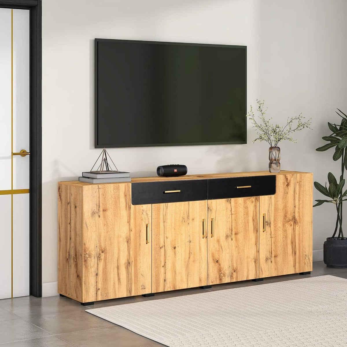 Breites Sideboard mit Marmoroptik & Eichenholz Schubladen