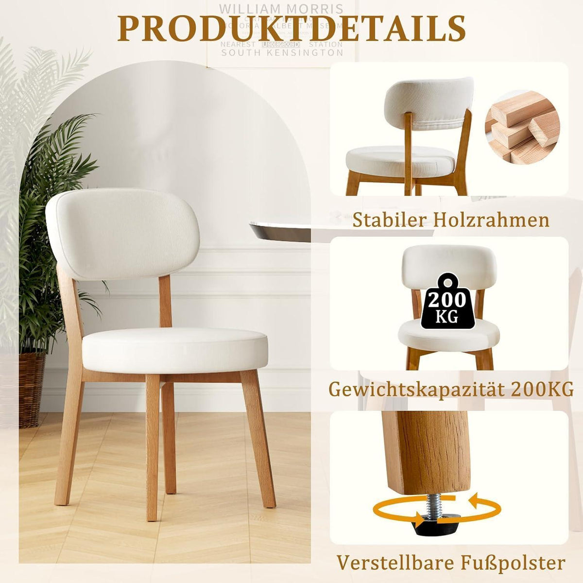 Esszimmerstühle 4er Set mit Leinenbezug & Massivholzbeinen