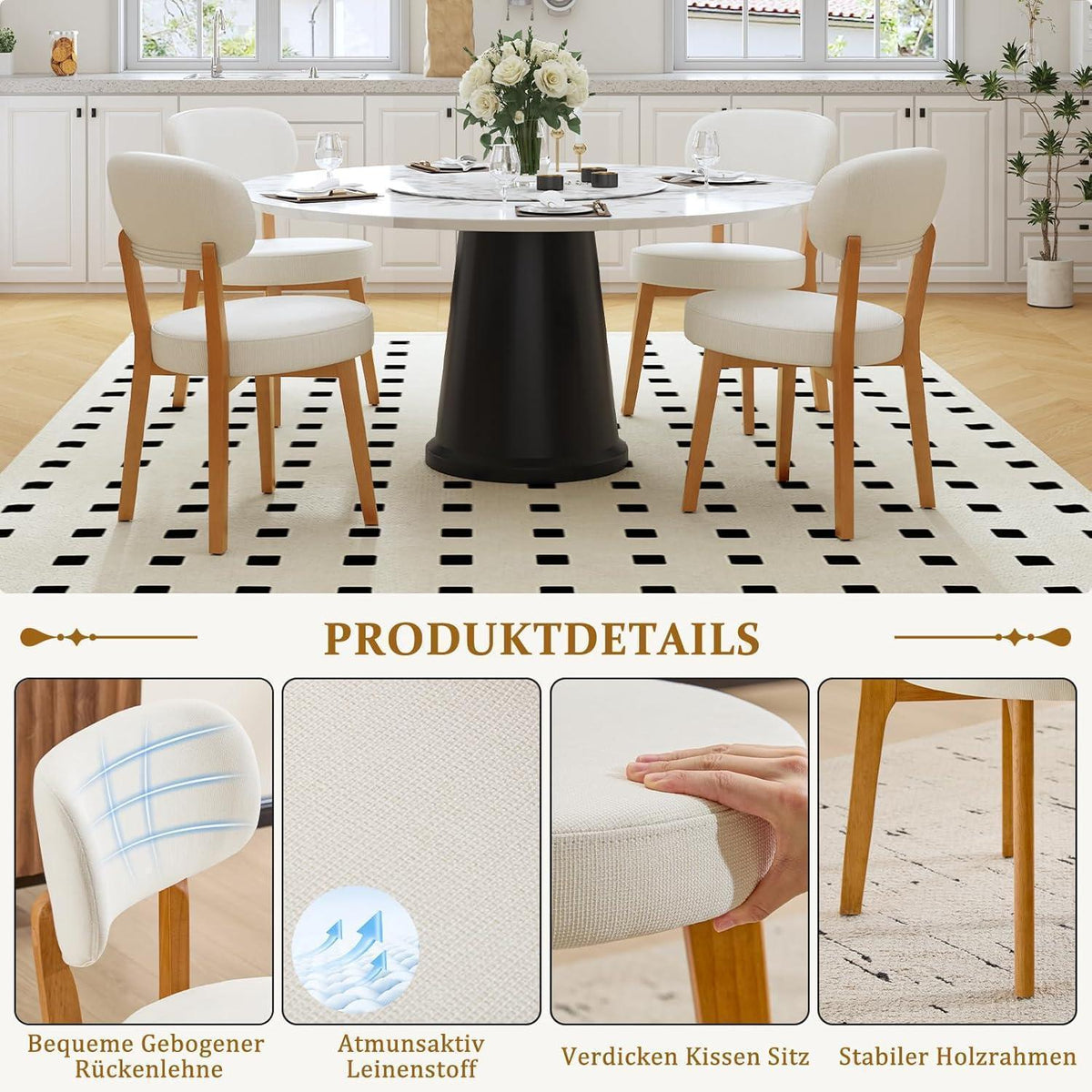 Esszimmerstühle 6er Set, Polsterstuhl Leinen Beige