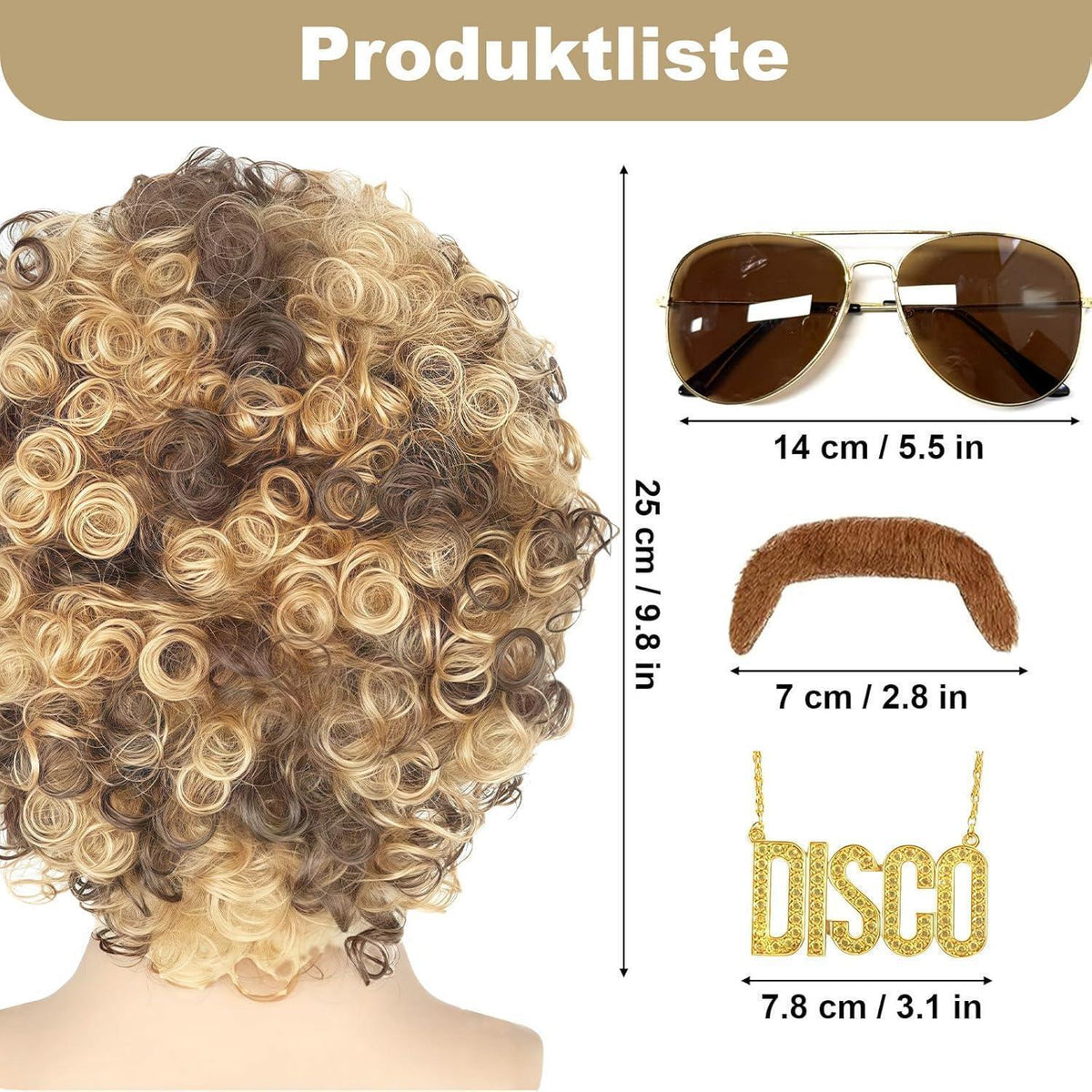 70er Jahre Herren Perücke Set mit Bart, Brille & Kette