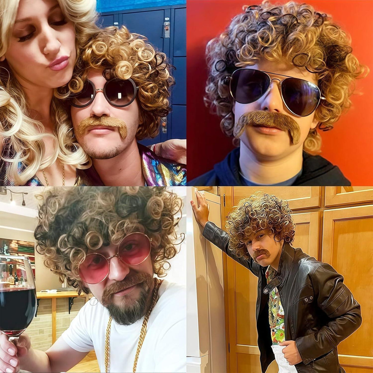 70er Jahre Herren Perücke Set mit Bart, Brille & Kette