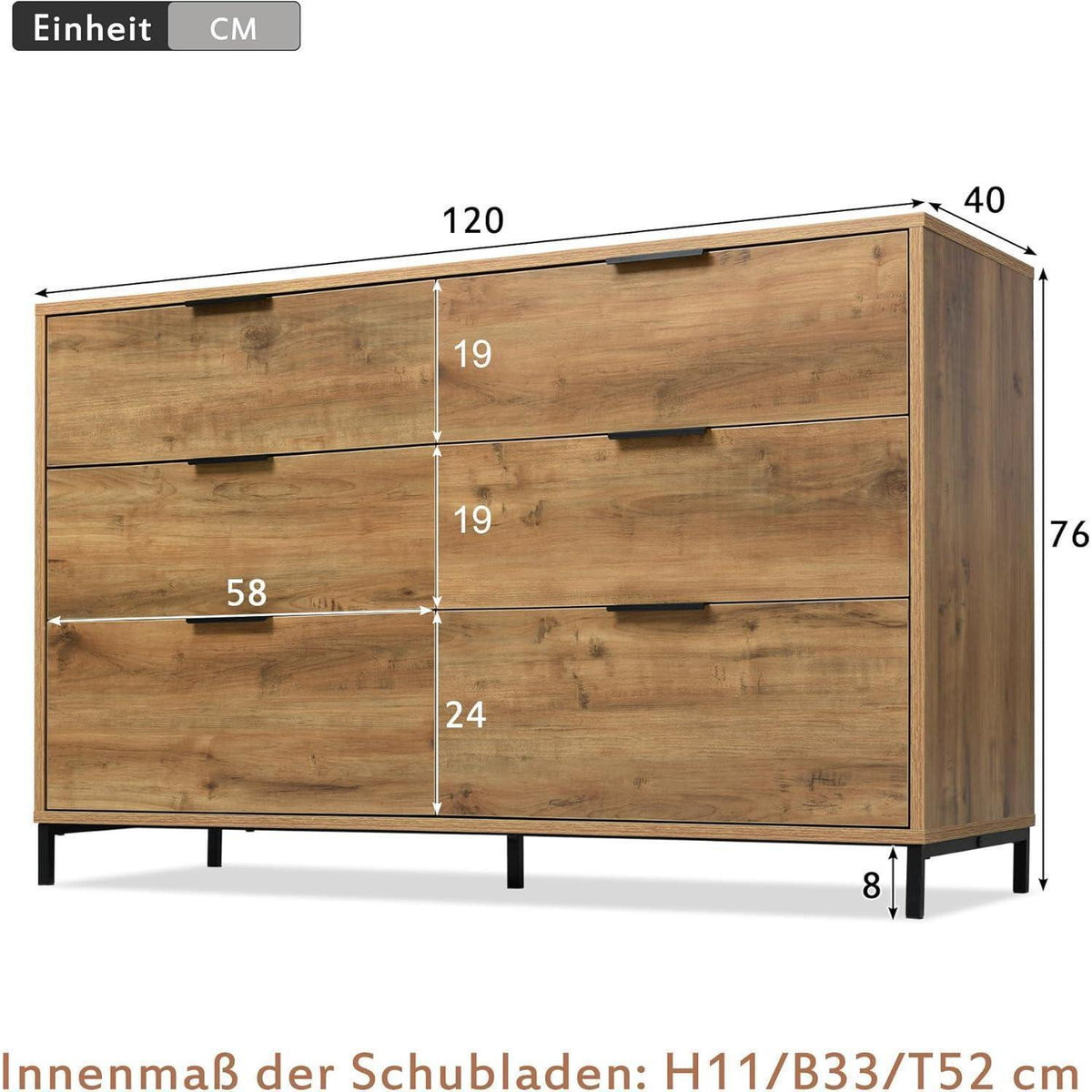 Hochglanz Sideboard mit 6 Schubladen – Dunkelbraun (120x40x76cm)