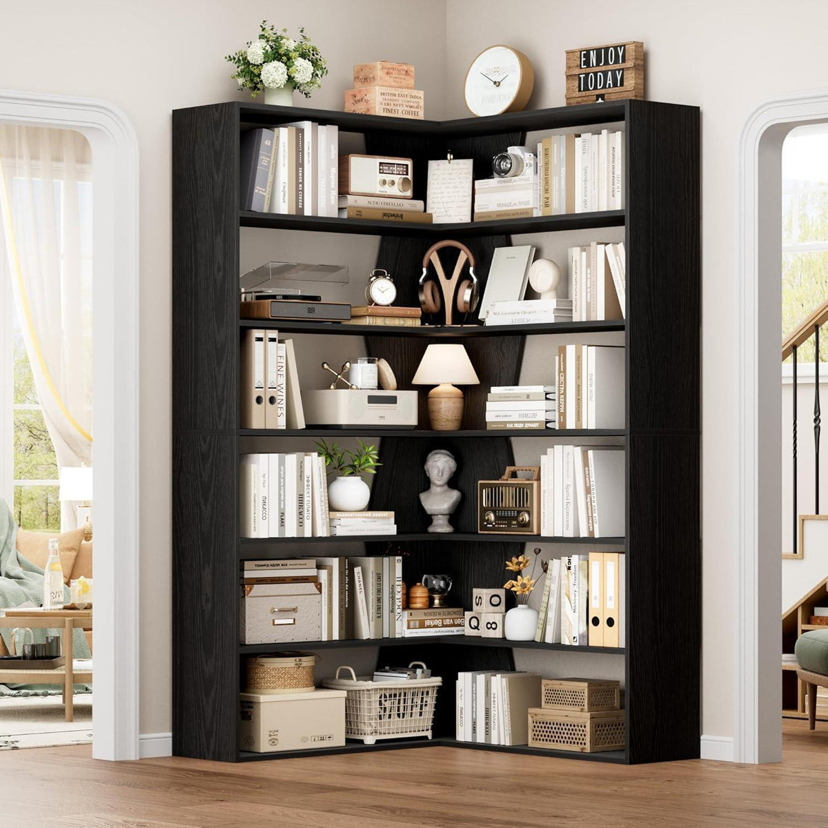Eckregal 190cm, 6 Ebenen, Schwarz – Stehendes Bücherregal für Wohnzimmer