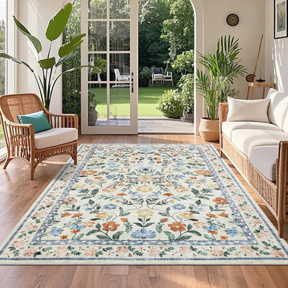 Waschbarer Teppich 120x170 cm – Grüner Wohnzimmerteppich mit Blumenmuster