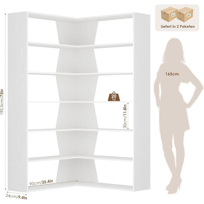 Eckregal 190cm – Stehendes Bücherregal mit 6 Ebenen, Weiß